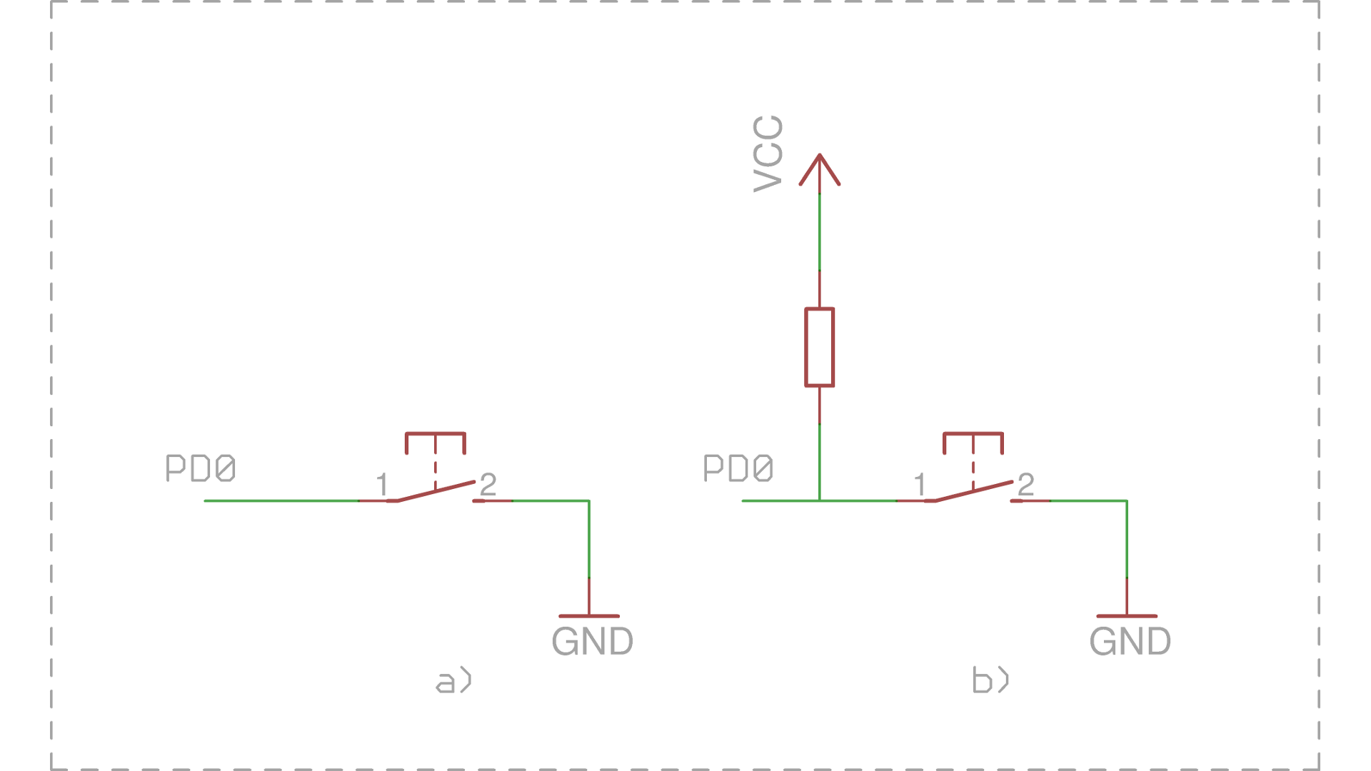  Conectarea unui push-button: a) incorect, cu intrare flotantă, b) corect, cu rezistență de pull-up