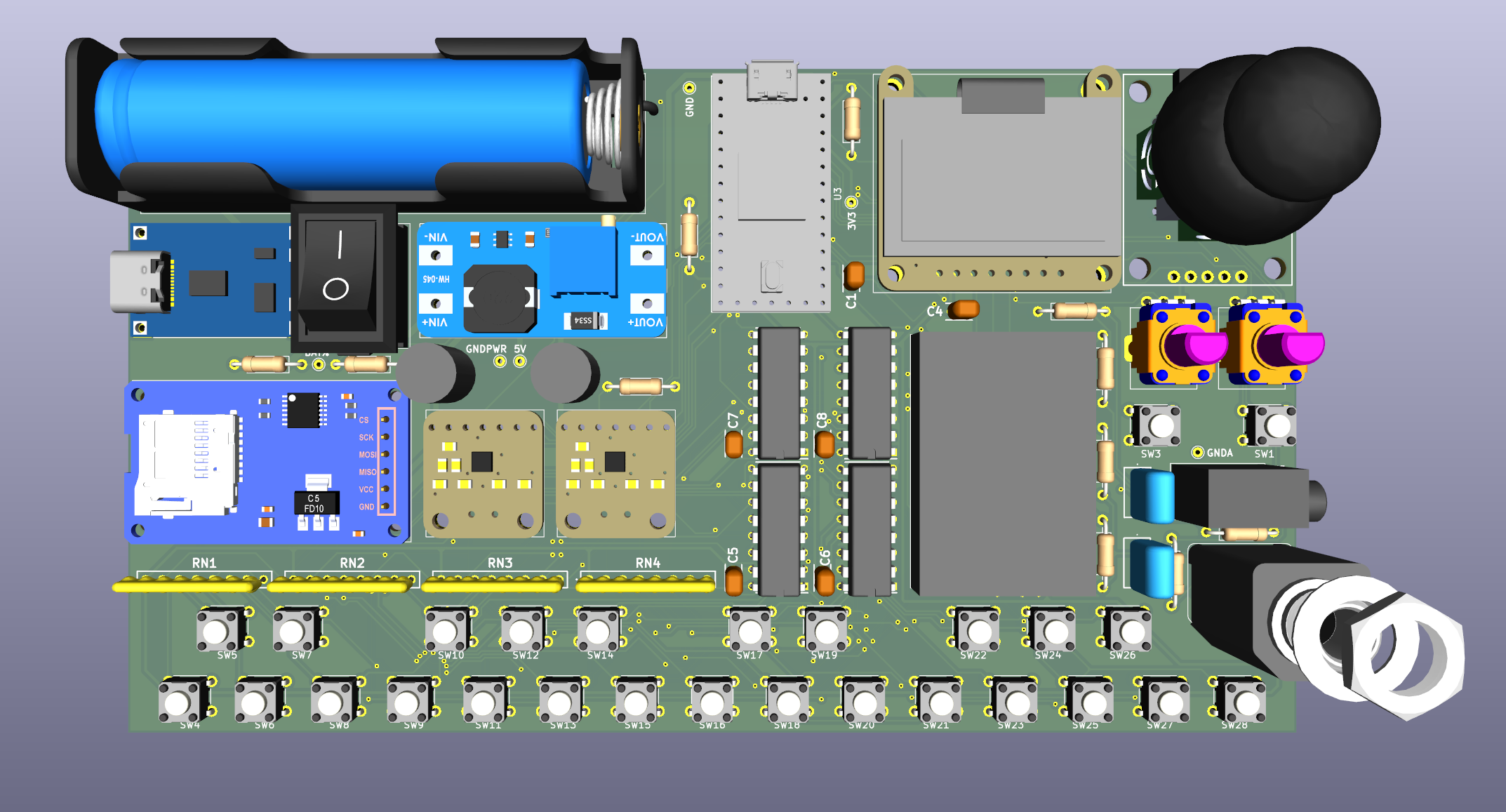 Mini Synth — top-down 3D PCB render