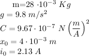 
\\
m=28 \cdot 10^{-3} \ Kg\\
g=9.8 \ m/s^2\\
C=9.67 \cdot 10^{-7} \ N\left(\dfrac{m}{A}\right)^2\\
x_0=4 \cdot 10^{-3} \ m\\
i_0=2.13 \ A
