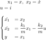 
\\
x_1=x,\ x_2=\dot{x}\\
u=i\\
\\
\begin{cases}
\dot{x_1} &= x_2 \\
\dot{x_2} &= \dfrac{k_1}{m}x_1  - \dfrac{k_2}{m}u \\
y &= x_1
\end{cases}
\\
\\

