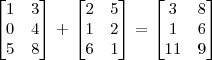 
  \setlength{\parindent}{0pt}
  
  \begin{bmatrix}
     1 & 3 \\ 
     0 & 4 \\
     5 & 8
  \end{bmatrix}
+
  \begin{bmatrix} 
    2 & 5 \\ 
    1 & 2 \\ 
    6 & 1
  \end{bmatrix}
=
\begin{bmatrix}
    3 & 8 \\ 
    1 & 6 \\ 
    11 & 9
\end{bmatrix}
